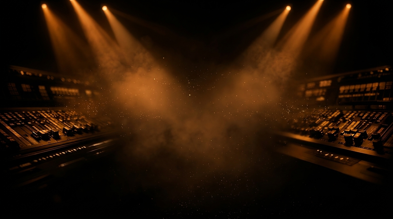 DMXpressions™ professional browser-based stage lighting console with a live stage of moving lights and haze