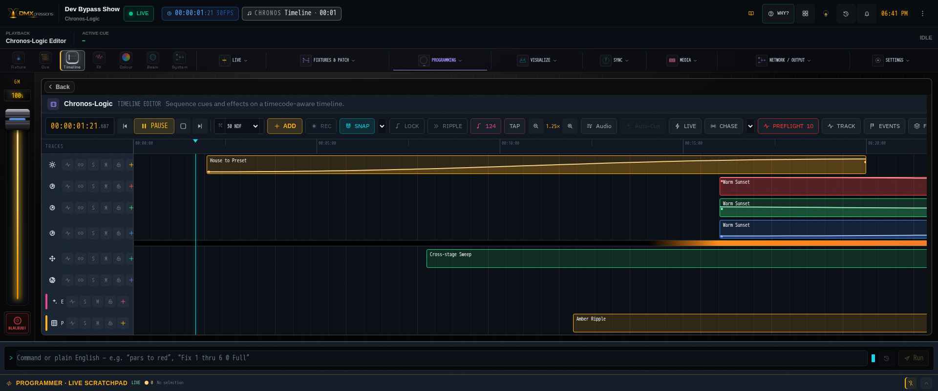DMXpressions Chronos timeline populated with intensity, RGB color, position, beam, effects and pixel-programming tracks
