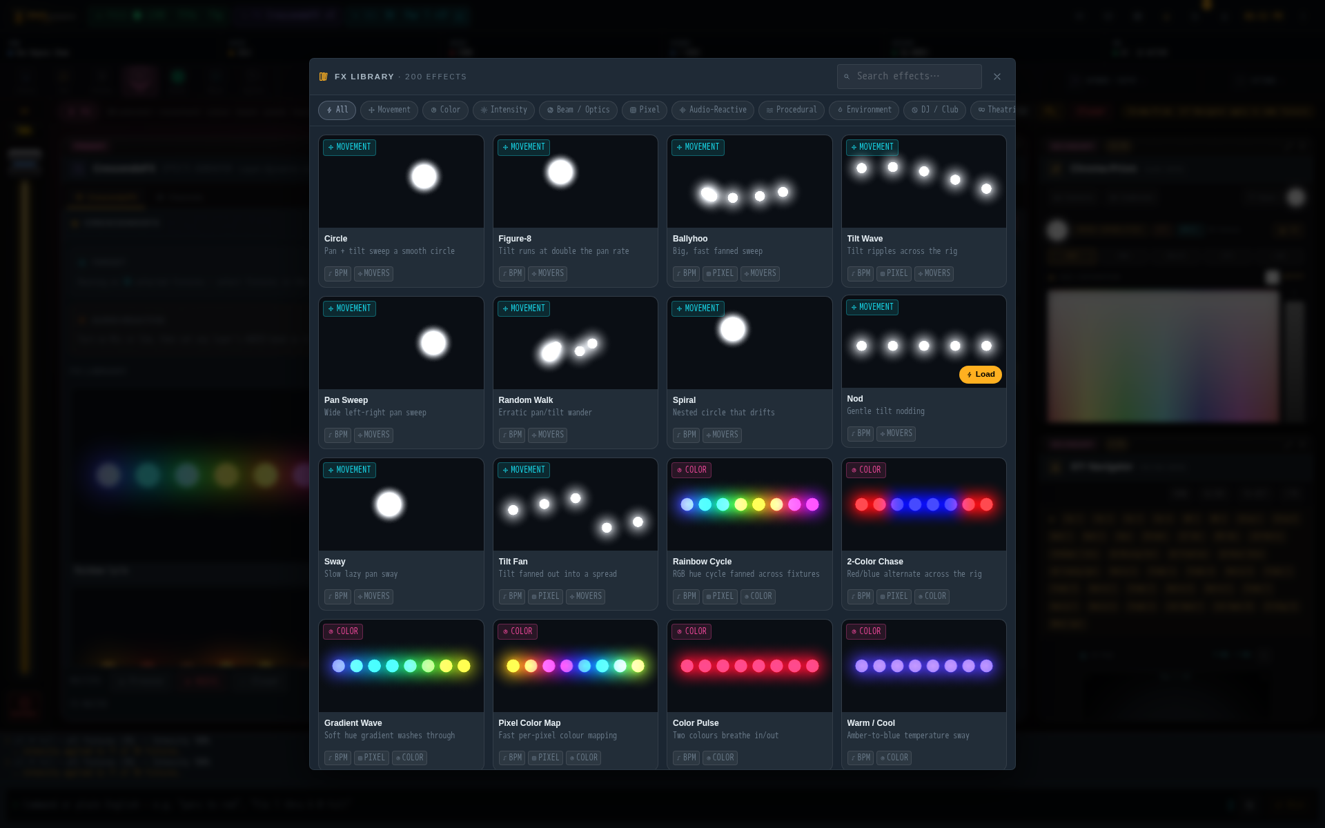 High-definition screenshot of the CrescendoFX library showing a large grid of animated movement, color, pixel and performance-ready effect presets.