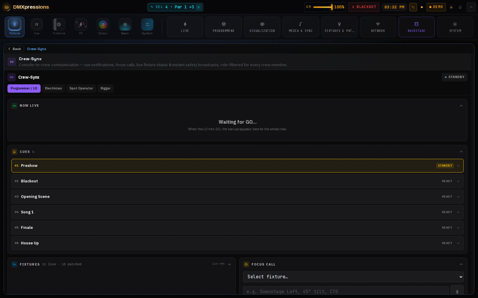 Screenshot of the Crew-Synx communication panel showing colour-coded crew roles, a live cue timeline and focus-call messages between the lighting designer and electricians.