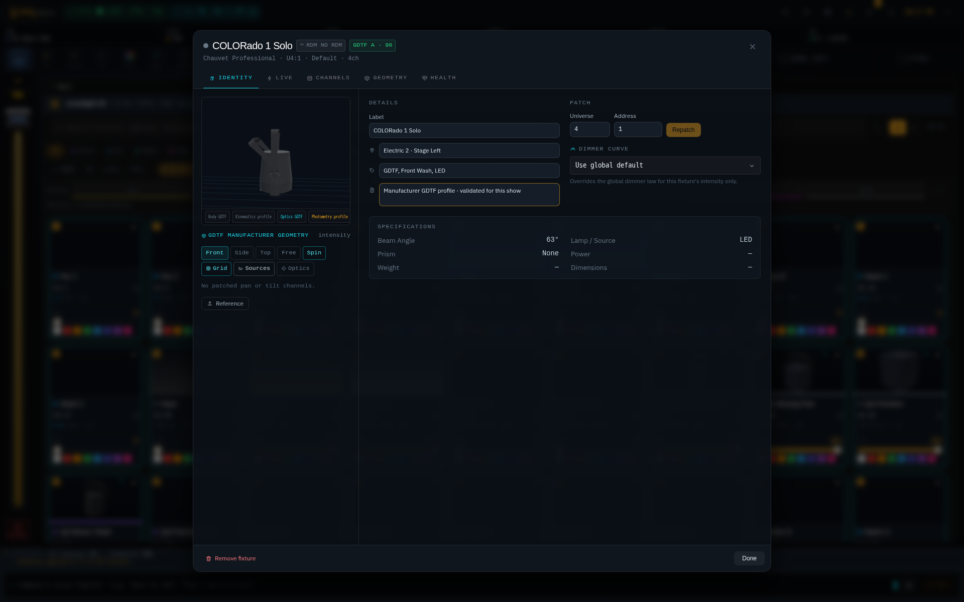 High-definition screenshot of the DMXpressions Limelight ID inspector rendering a patched GDTF fixture in its interactive 3D canvas beside fixture identity, patch and health information.