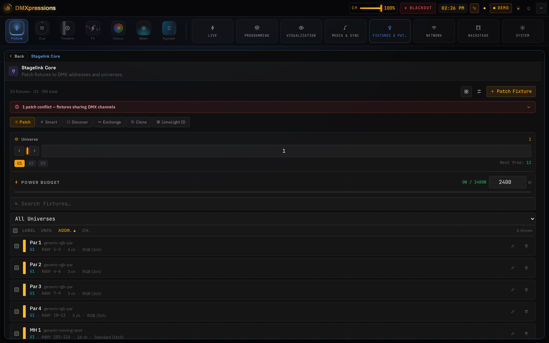 Screenshot of the Fixture Patch page listing GDTF fixture profiles patched across DMX universes with their addresses and channel counts.
