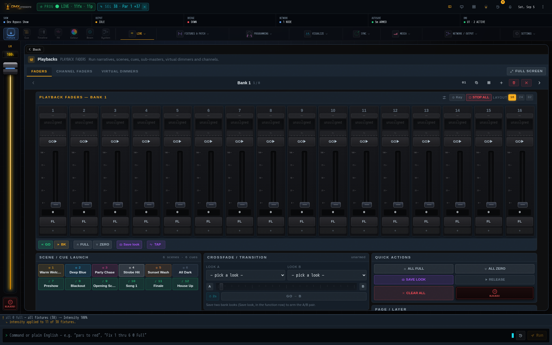 High-definition screenshot of the DMXpressions Playbacks workspace with active cue controls, playback faders and transport actions.