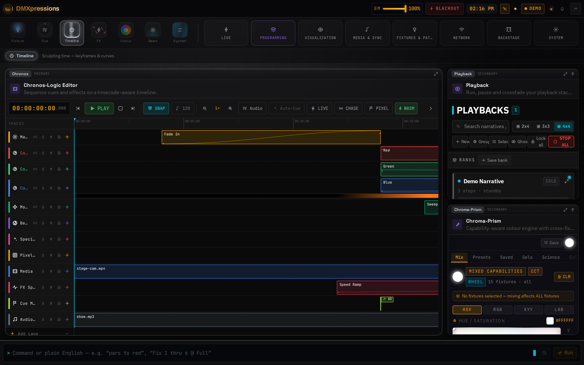 Screenshot of the Chronos-Logic timeline editor showing multiple stacked cue and effect tracks along a frame-accurate playback timeline.