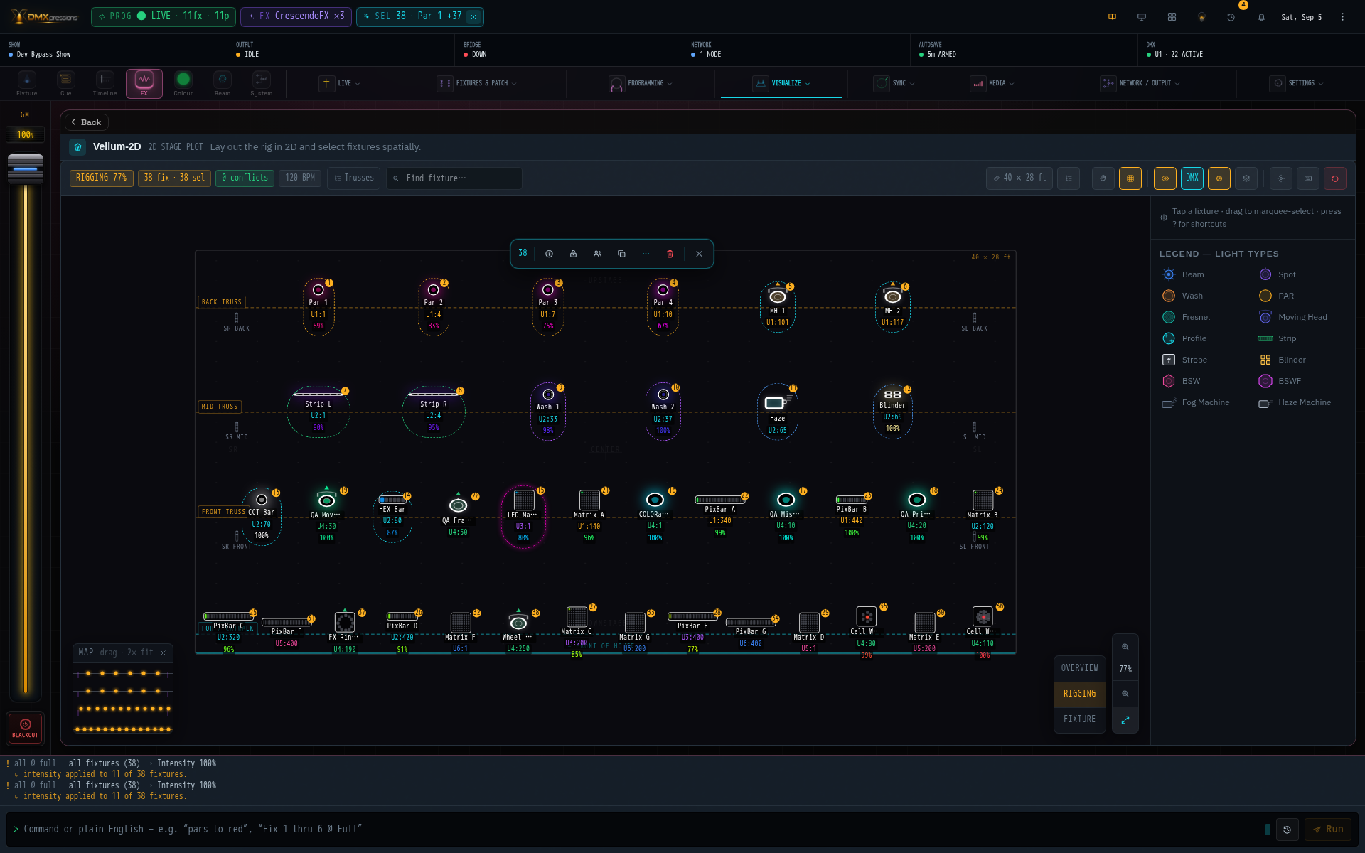 High-definition screenshot of Vellum-2D showing many patched fixtures arranged across theatre trusses with live color, intensity, addresses and a rig minimap.