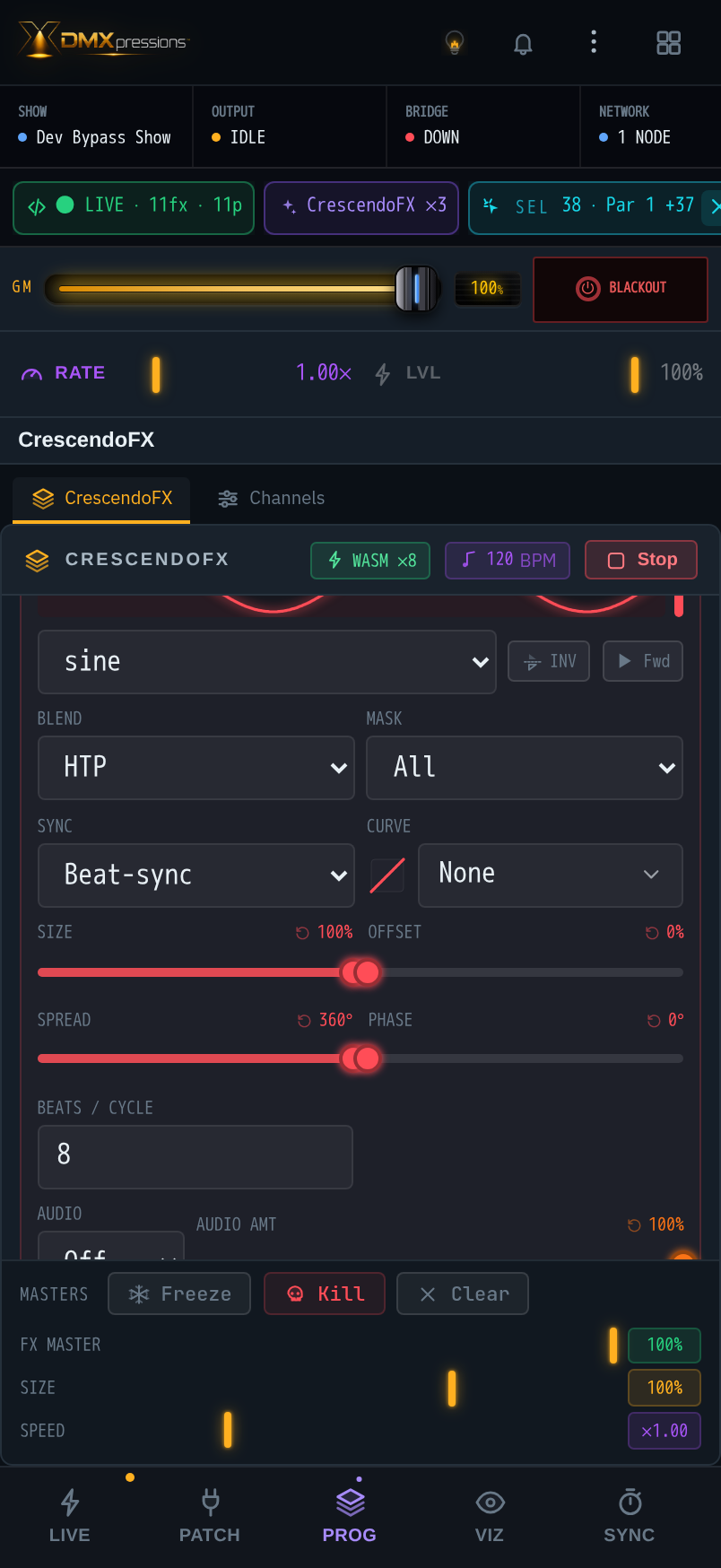 Phone screenshot of CrescendoFX running live rainbow color layers across a large fixture selection.
