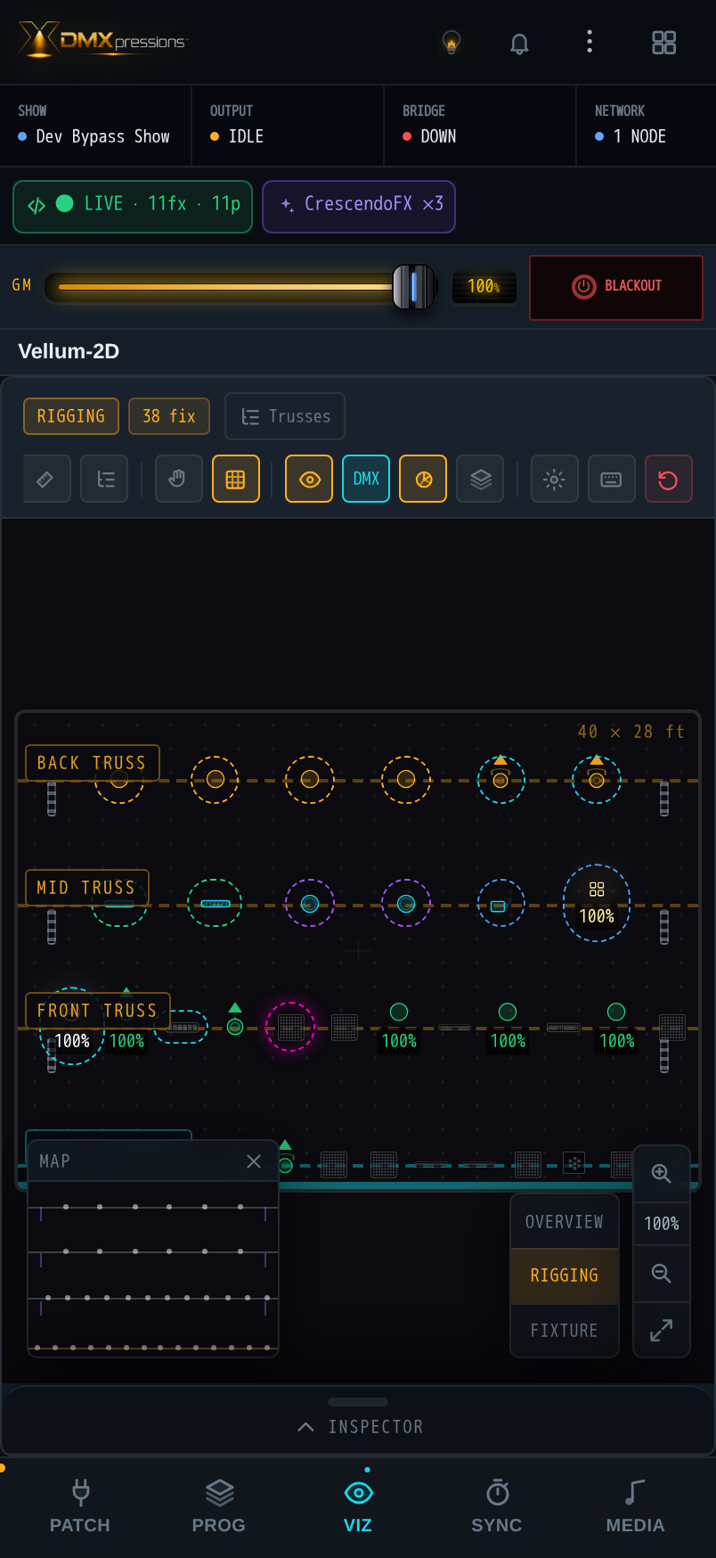Phone screenshot of Vellum-2D showing a dense, responsive stage plan with many patched fixtures.